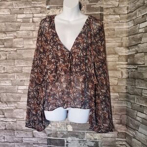Free People Uptown Floral Bell Sheer Long Sleeve Blouse Ruffled Sexy V-neck Med